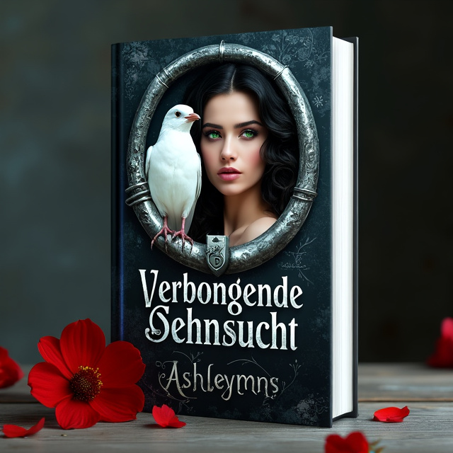 The cover features a dark background with a white bird at the center, surrounded by a lock. A woman with green eyes, dark skin, and black curls is positioned next to the bird. The cover also includes a flower and a sword, symbolizing the historical fiction genre and adding a touch of drama.