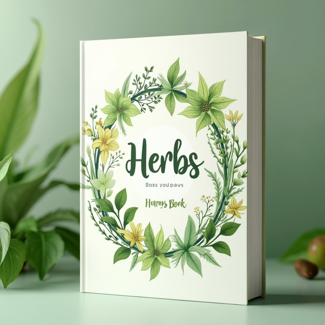 The cover features a soft, serene background in shades of green, with a beautiful watercolor illustration of various herbs circling in a circular pattern. The herbs are depicted with delicate brushstrokes and vibrant colors, adding a touch of magic to the design.