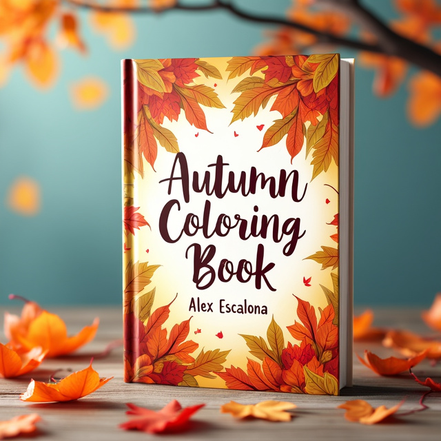 The cover features a tranquil autumn scene with falling leaves and a tree branch. The title "Autumn Coloring Book" is placed in the center, with the author's name "Alex Escalona" positioned below in a smaller font size. The overall style is creative and inspiring, capturing the essence of autumn and inviting readers to color and find tranquility in the pages.