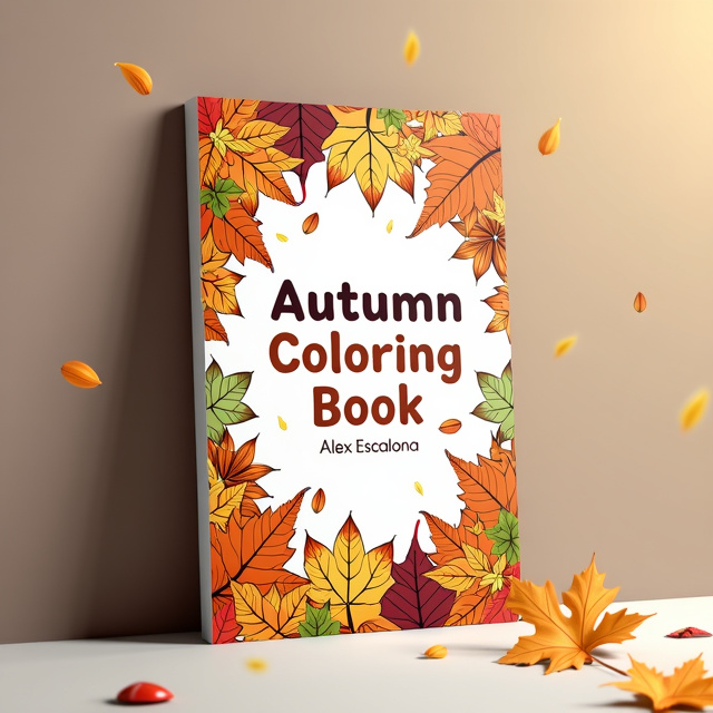 The cover features a serene autumn scene with colorful falling leaves surrounding the title "Autumn Coloring Book" in the center. The leaves are arranged in a scattered pattern, creating a sense of movement and liveliness.