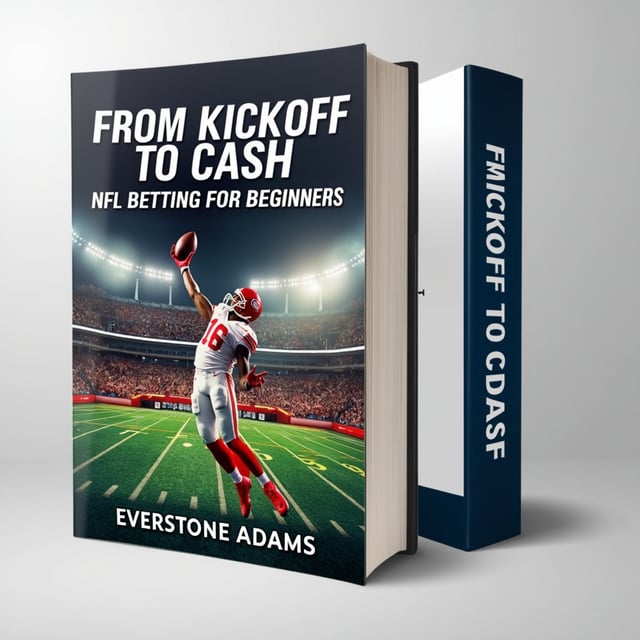 The cover features a vibrant and dynamic image of a football player in action, catching a ball mid-air with a stadium crowd cheering in the background. The player is shown in a triumphant pose, conveying excitement and confidence. The title "From Kickoff to Cash NFL Betting for Beginners" is displayed prominently at the top of the cover, with the author's name, Everstone Adams, shown at the bottom.