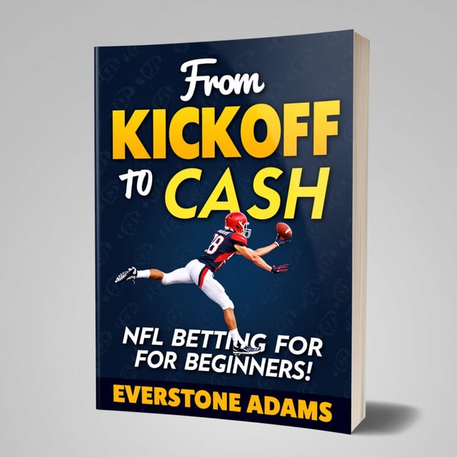 The cover features an action-packed image of a football player catching a ball mid-air, with the title "From Kickoff to Cash" written in bold, vibrant letters across the top. The author's name, Everstone Adams, is displayed prominently at the bottom. The background is filled with a dynamic pattern of footballs and dollar signs, representing the theme of NFL betting.