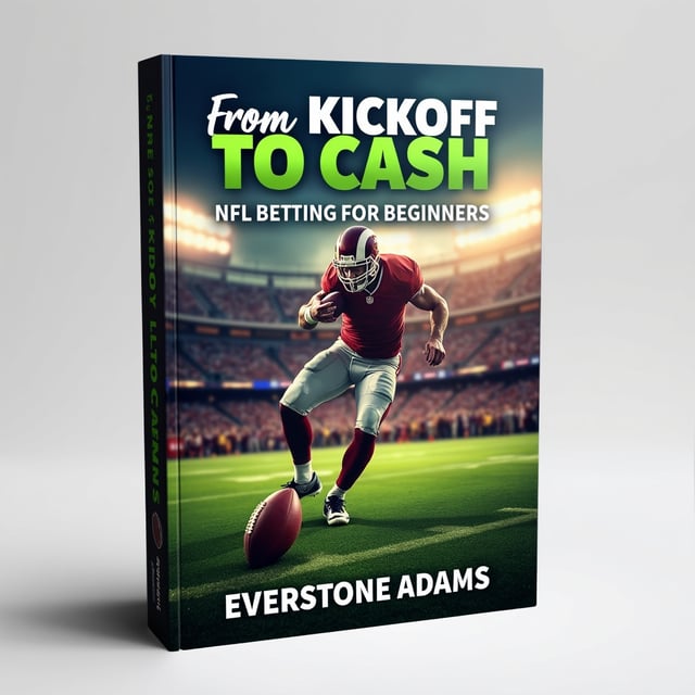 The cover features a dynamic image of a football player mid-kickoff, with the background showing a stadium filled with cheering fans. The player is shown in action, conveying excitement, anticipation, and adventure. The colors used are vibrant and energetic, capturing the thrill of NFL betting.