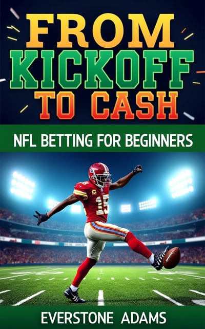 astonishing plain book cover with title "From Kickoff to Cash: NFL Betting for Beginners". Its author name is Everstone Adams.  The cover features a dynamic image of a football player, mid-kickoff, with a backdrop of a stadium filled with cheering fans. The player is shown in full action, capturing the excitement and anticipation of the game. The title is placed boldly at the top, in vibrant colors, with subtle football-related graphics surrounding it. The author's name is displayed at the bottom, in a clean and professional font. The title is presented in a bold, sans-serif font, conveying confidence and power. The author's name is displayed in a slightly smaller, elegant serif font, adding a touch of sophistication., The main focus of the cover is the football player, placed at the center and slightly off-center to create visual interest. The title and author's name are positioned strategically to balance the overall composition.
