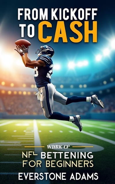 The cover features a dynamic image of a football player in action, leaping to catch a pass. The player is surrounded by streaks of light and energy, creating a sense of excitement and anticipation. The title, "From Kickoff to Cash NFL Betting for Beginners", is displayed prominently at the top of the cover, with the author's name, Everstone Adams, shown at the bottom.