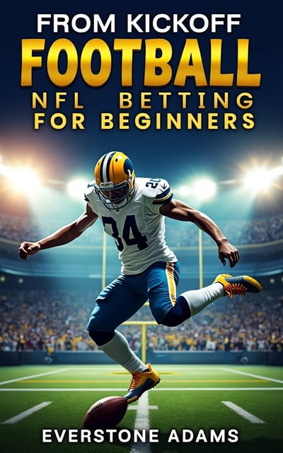 The cover features a dynamic image of a football player mid-kickoff, with the background showing a stadium filled with cheering fans. The player is shown in action, conveying excitement, anticipation, and adventure. The colors used are vibrant and energetic, capturing the thrill of NFL betting.