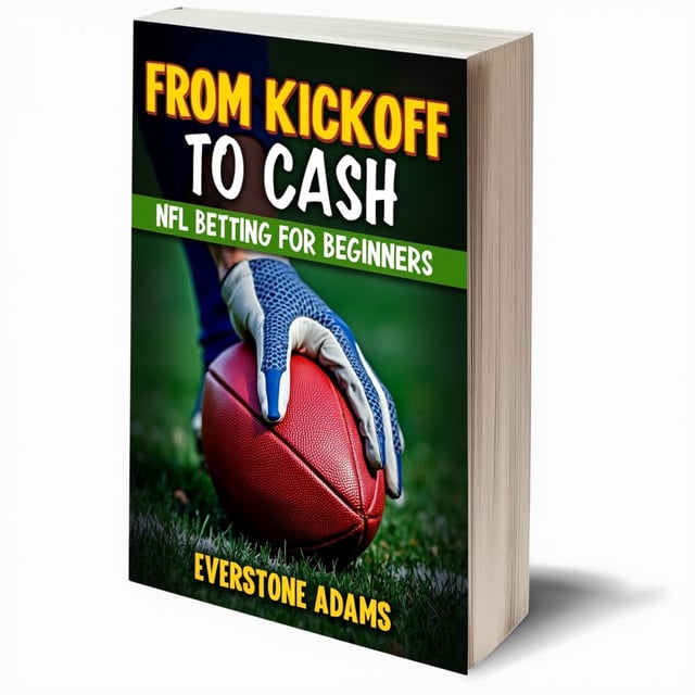 The cover showcases a close-up image of a football player's hand gripping a football, with the title "From Kickoff to Cash NFL Betting for Beginners" displayed prominently above the image. The background is filled with vibrant colors and bold patterns, creating a sense of energy and excitement.