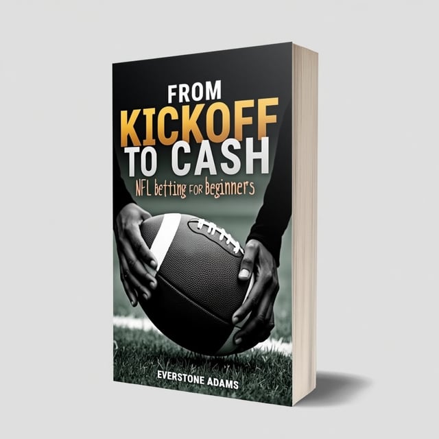 The cover features a close-up image of a football player's hands holding a football, with the title "From Kickoff to Cash NFL Betting for Beginners" displayed prominently above and author name "Everstone Adams" below. The image is in black and white, creating a sense of anticipation and excitement.