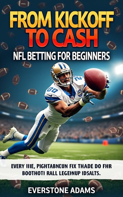The cover features an action-packed image of a football player catching a ball mid-air, with the title "From Kickoff to Cash" written in bold, vibrant letters across the top. The author's name, Everstone Adams, is displayed prominently at the bottom. The background is filled with a dynamic pattern of footballs and dollar signs, representing the theme of NFL betting.