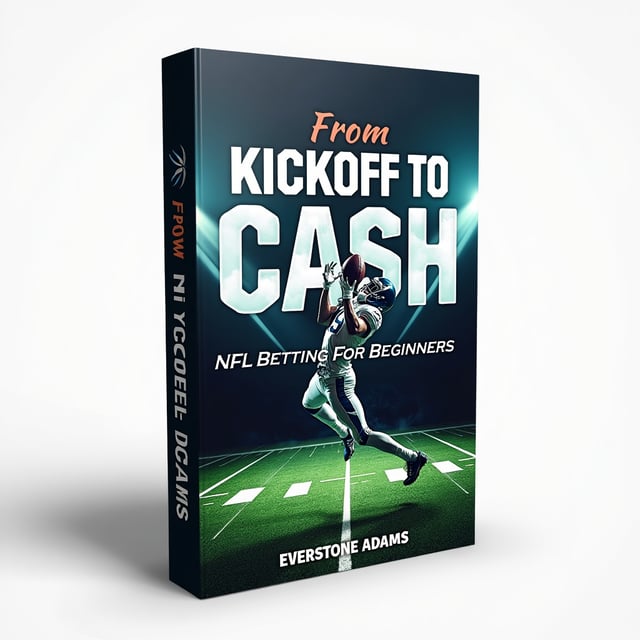The cover features a dynamic image of a football player in action, leaping to catch a pass. The player is surrounded by streaks of light and energy, creating a sense of excitement and anticipation. The title, "From Kickoff to Cash NFL Betting for Beginners", is displayed prominently at the top of the cover, with the author's name, Everstone Adams, shown at the bottom.