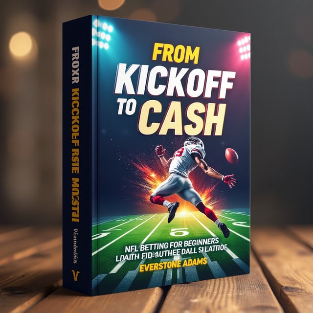 The cover features a dynamic image of a football player in action, leaping in the air to catch a football. The player is surrounded by vibrant colors and a burst effect, emphasizing excitement and anticipation. The title "From Kickoff to Cash" is prominently displayed at the top, with the word "NFL Betting for Beginners" below it. The author's name, Everstone Adams, is shown at the bottom of the cover.