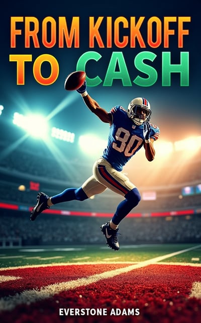 The cover features a dynamic image of a football player in action, leaping in the air to catch a football. The player is surrounded by vibrant colors and a burst effect, emphasizing excitement and anticipation. The title "From Kickoff to Cash" is prominently displayed at the top, with the word "NFL Betting for Beginners" below it. The author's name, Everstone Adams, is shown at the bottom of the cover.