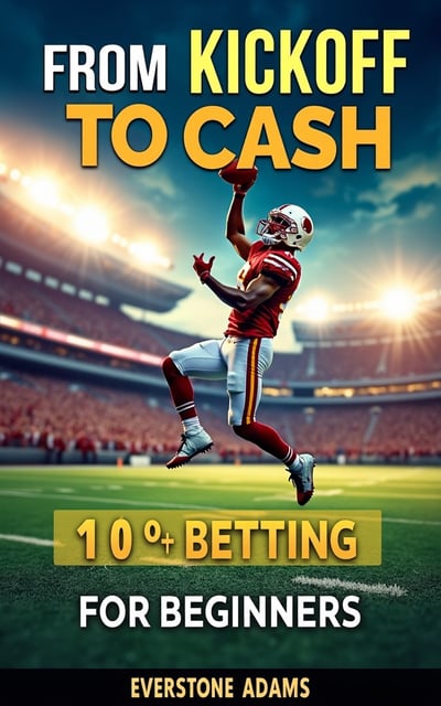The cover features a vibrant and dynamic image of a football player in action, catching a ball mid-air with a stadium crowd cheering in the background. The player is shown in a triumphant pose, conveying excitement and confidence. The title "From Kickoff to Cash NFL Betting for Beginners" is displayed prominently at the top of the cover, with the author's name, Everstone Adams, shown at the bottom.