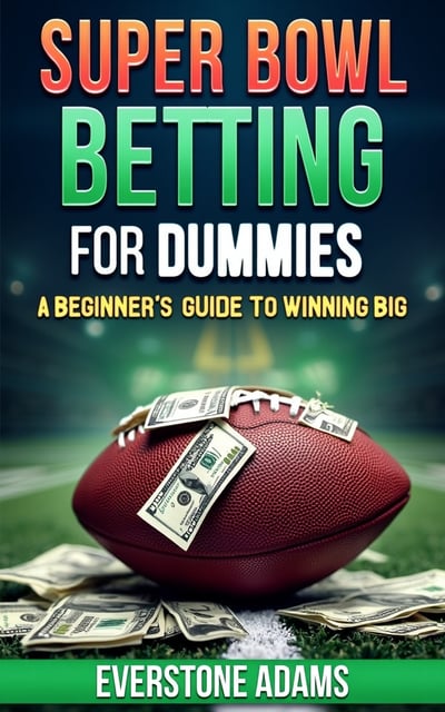 The cover features a close-up image of a football covered in money, symbolizing the excitement and potential for big wins in Super Bowl betting. The background is a vibrant and energetic mix of colors, creating a sense of anticipation and adventure.