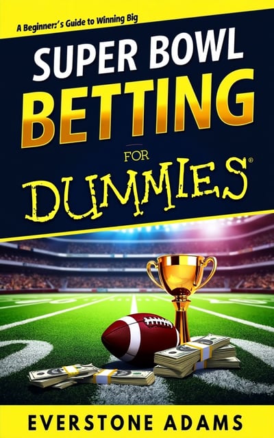 The cover features a vibrant and dynamic image of a football field with a crowd of cheering fans in the background. In the foreground, there is an image of a stack of money and a gold trophy, symbolizing winning and success in Super Bowl betting.