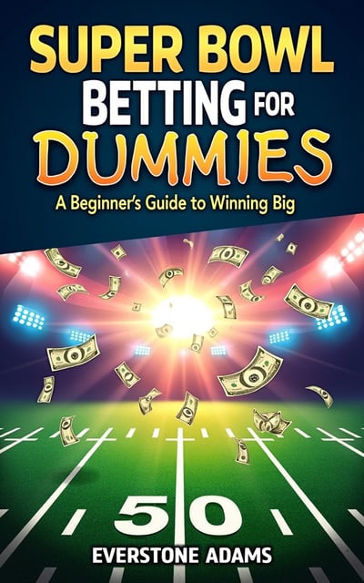 The cover features an explosive burst of colors and energy, symbolizing the excitement and thrill of Super Bowl betting. In the center, there is a dynamic illustration of a football field with money raining down from the sky, representing the potential for winning big. The title is prominently displayed at the top, with the author's name positioned at the bottom corner.