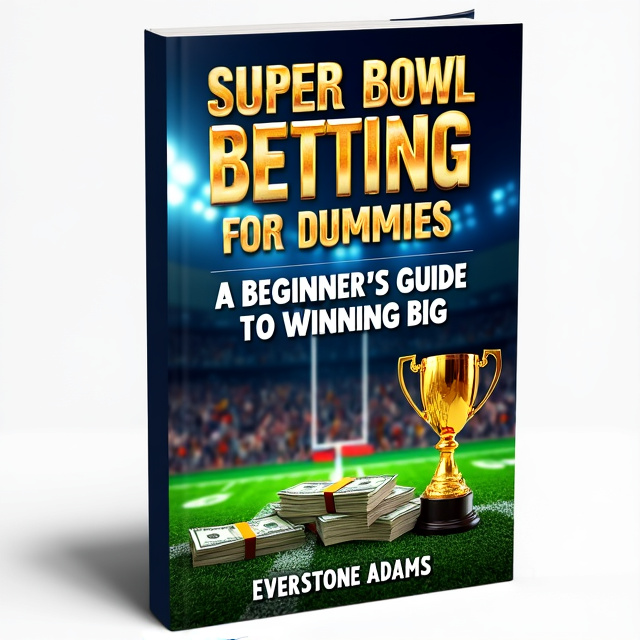 The cover features a vibrant and dynamic image of a football field with a crowd of cheering fans in the background. In the foreground, there is an image of a stack of money and a gold trophy, symbolizing winning and success in Super Bowl betting.