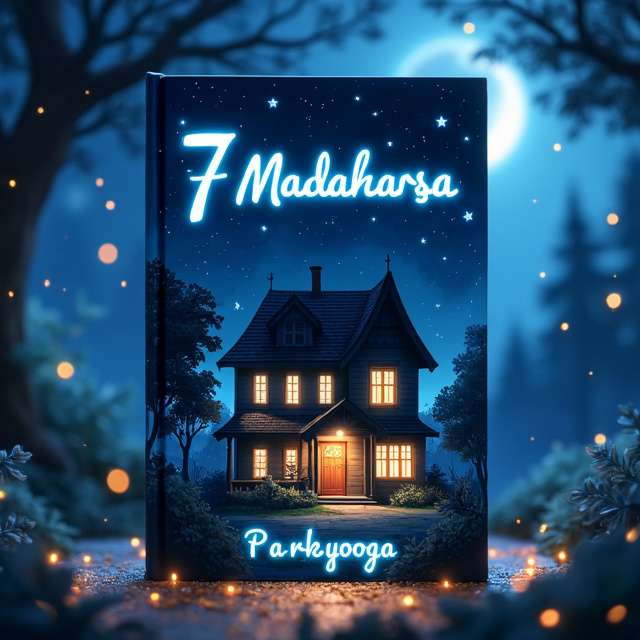 The cover features an anime-style house view at night, with a touch of fantasy elements. The house is positioned in the center, glowing with a blue dark glow that emanates from the windows and the surroundings. The sky is filled with stars and a hint of magic, creating a magical atmosphere. A bit of glitter is scattered around the house, adding a touch of enchantment to the scene.