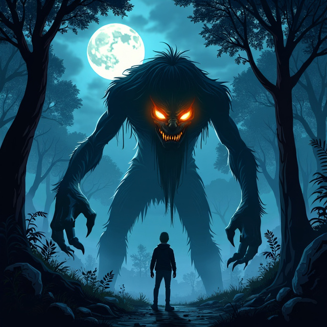 The central creature, the Olot Baghia, takes the spotlight on the cover. Its gaunt, twisted body stands out against the moonlit forest background. The Olot Baghia's glowing eyes pierce through the darkness, while the protagonist, frozen in fear, stands before the towering Sal tree. The full moon casts an eerie glow over the scene, adding to the atmosphere of terror.