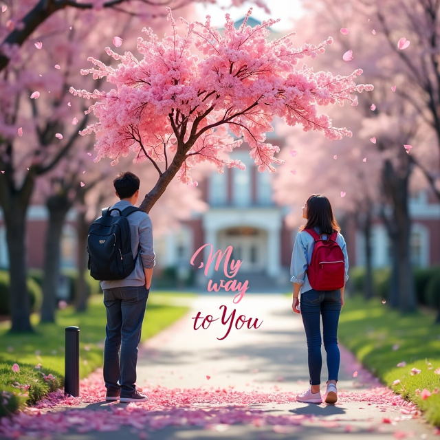 The cover features a college campus as the backdrop, with a cherry blossom tree in full bloom. The tree is positioned off-center, with pink cherry blossom petals swirling in the air. Two college students, depicted from behind, stand on either side of the cover. The overall composition exudes a sense of romance and longing.