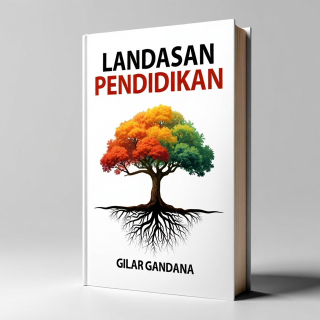 standing book mockup, Its title is "Landasan Pendidikan". Its author name is Gilar Gandana.  The background of the cover is a clean white, representing the primary color preference. In the center, there is an illustration of a tree with its roots visible, symbolizing the concept of "landasan" (foundation). The tree is depicted with vibrant colors to add visual interest and appeal. The book title "Landasan Pendidikan" is displayed in a bold and modern font, positioned above the tree illustration. The author's name, "Gilar Gandana," is placed below the title in a smaller and simpler font., The tree illustration is the focal point of the cover, with the title and author's name positioned strategically to create balance. The layout is clean and straightforward, allowing the imagery to shine.
