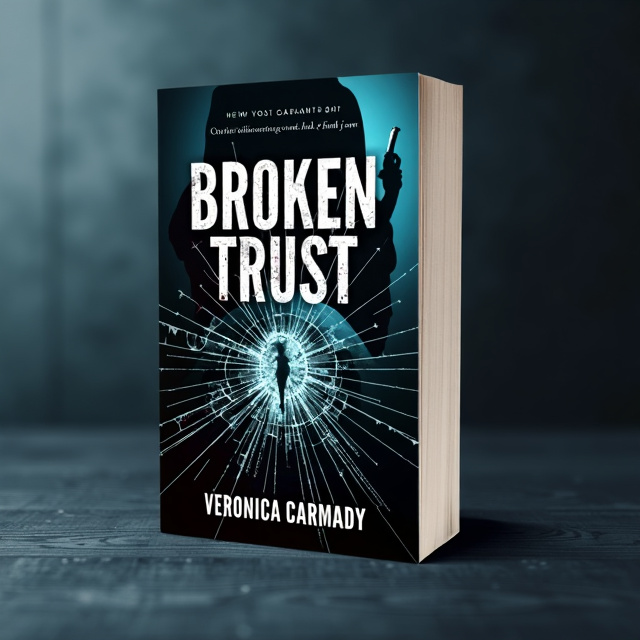 The cover features a close-up image of a broken glass, symbolizing shattered trust. Behind the glass, there is a silhouette of a person holding a knife, representing the dark and dangerous elements of the story. The image is set against a dark background, creating a sense of mystery and suspense.