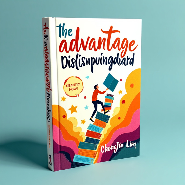 The cover features a vibrant, whimsical illustration of a person climbing a ladder made of books, symbolizing the idea of overcoming disadvantages through knowledge and learning. The background is filled with colorful, abstract shapes that create a sense of energy and excitement.