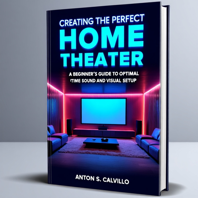The cover features a high-end home theater setup with a large flat-screen TV or projector screen, a sleek, modern entertainment center, comfortable seating, and ambient lighting. The background is in deep navy, giving the cover a sleek and cinematic look. Subtle overlays of related elements, such as a remote control, speakers, or a soundwave pattern, are included to hint at the technical aspects of the book.