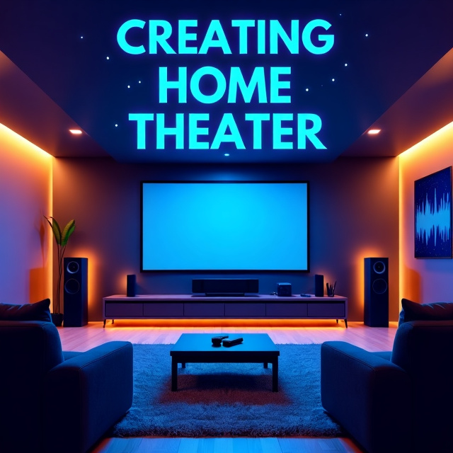 The cover features a high-end home theater setup with a large flat-screen TV or projector screen, a sleek, modern entertainment center, comfortable seating, and ambient lighting. The background is in deep navy, giving the cover a sleek and cinematic look. Subtle overlays of related elements, such as a remote control, speakers, or a soundwave pattern, are included to hint at the technical aspects of the book.