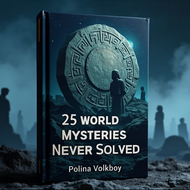 The cover features a dark background of a starry sky, creating a mysterious and atmospheric ambiance. In the center, there is a massive ancient stone disk with incomprehensible symbols, representing the enigma of the unsolved mysteries. In the background, a half-destroyed ancient temple or megalithic structure is barely illuminated by moonlight, adding to the sense of intrigue. Silhouettes of mysterious statues can be seen in the dense fog, enhancing the sense of mysticism.