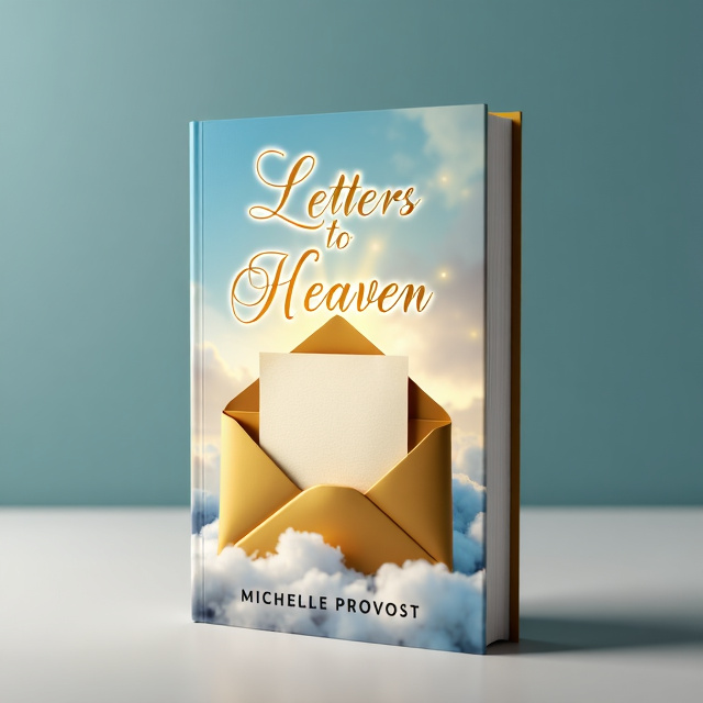 The cover features a soft, dreamy background of fluffy clouds in hues of blue and white. In the center, a golden envelope is partially open, revealing a glimpse of a delicate letter inside. The letter appears to be floating, surrounded by a warm, inviting glow.