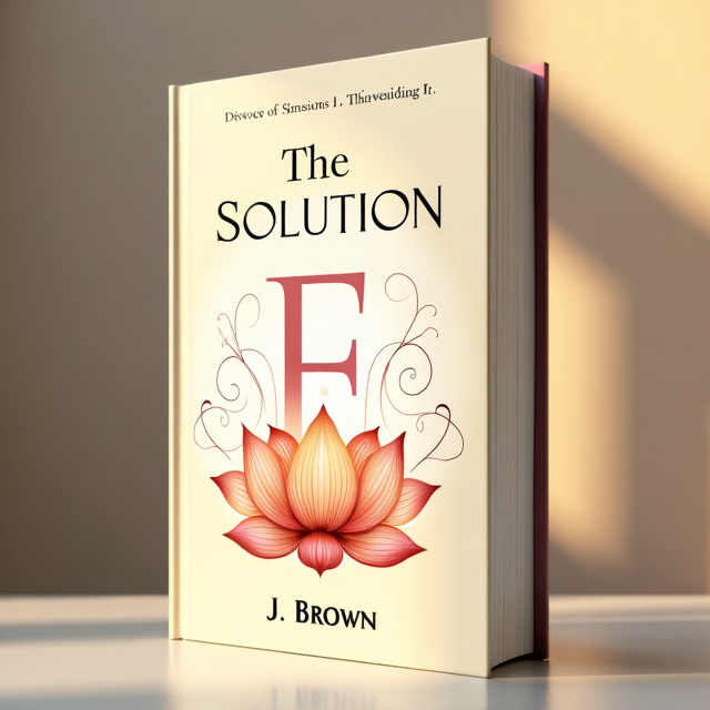 The cover features a warm cream background with a soft gradient. In the center, there is a stylized illustration of a lotus flower, symbolizing spirituality and growth. Surrounding the lotus, there are delicate, swirling lines that represent emotions and movement. The title, "The E Solution," is displayed in a modern and sophisticated font, with the letter "E" highlighted in a warm rose color. The author's name, "J Brown," is placed at the bottom in a smaller, elegant font.