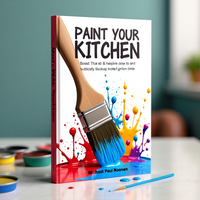 A close-up shot of a paintbrush dipped in colorful paint, with vibrant splatters and drips surrounding it. The title "Paint Your Kitchen" is placed in bold, modern typography at the top of the cover. The author's name, Michael Paul Noonan, is positioned at the bottom in a clean and professional font.