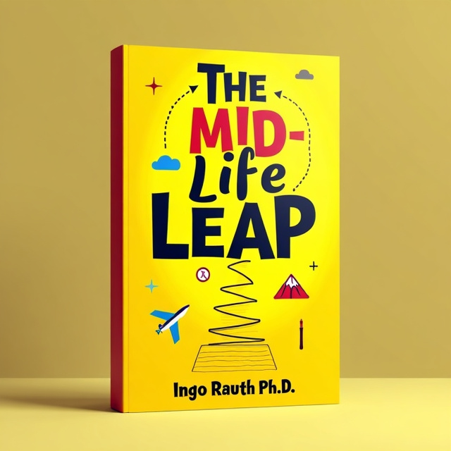 The cover features a vibrant yellow background with a playful and energetic feel. The title, "The Mid-Life Leap," is displayed prominently in a fun and adventurous font. A path made of simple geometric shapes, such as arrows, leads towards the author's name, Ingo Rauth Ph.D., which is positioned at the bottom of the cover. Various minimalist icons, representing different types of "leaps," are scattered along the path, including a plane, a pen, and a mountain.