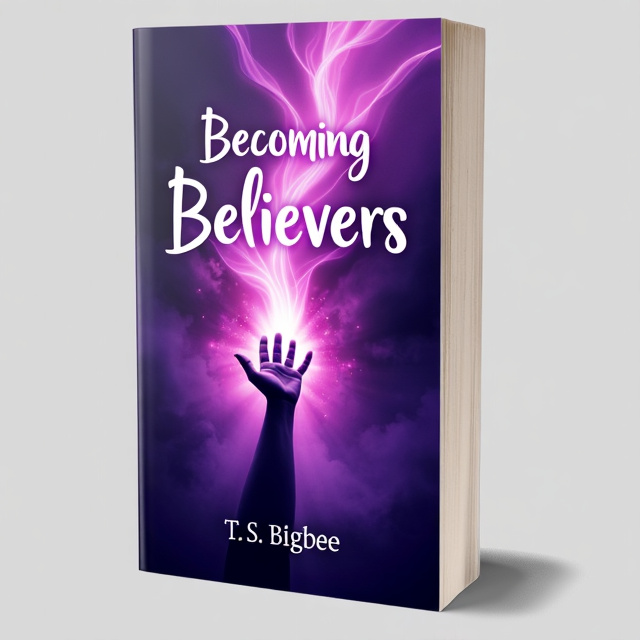 The cover features an abstract image of a person reaching upwards, symbolizing growth and transformation. The image is created using vibrant, swirling purple colors, representing joy and spirituality. The title, "Becoming Believers," is intertwined with the abstract image, giving a sense of unity and connection.