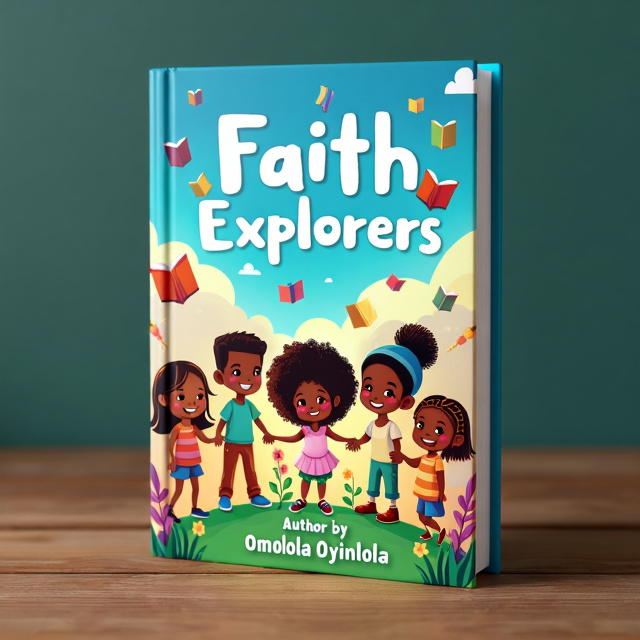 The cover features a group of diverse children, all with joyful expressions, exploring a colorful and magical world. In the background, there are floating books and whimsical creatures, creating a sense of wonder and adventure. The title "Faith Explorers" is placed at the top in a playful and bold font, while the author name "Omolola Oyinlola" is placed at the bottom in a more elegant and refined font.