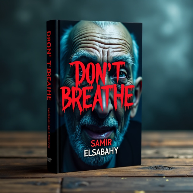 The cover features a close-up image of an old man's face, partially hidden in shadow, with a sinister smile. The background is a dark, eerie setting with a sense of mystery and fear. The title "Don't Breathe" is placed prominently in bold red letters, creating a stark contrast against the dark background.