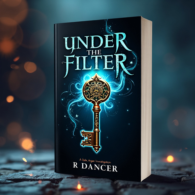 The cover features a close-up of a mysterious key with intricate designs and glowing runes, set against a dark background. There are swirling magical energies surrounding the key, adding an element of tension and magic to the design. The title "Under the Filter" is written in bold, mystical font, with the subtitle "A Blake Argan Investigation" placed below it. The author's name, R. Dancer, is displayed in smaller font at the bottom of the cover.