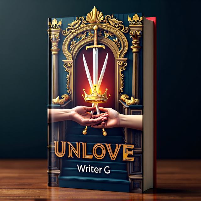 standing book mockup, Its title is "Unlove ". Its author name is Writer G.  The cover features a majestic throne room with intricate golden details, including dragons and crowns. In the center, two swords clash, representing the conflict and tension in the story. Surrounding the swords are the hands of a prince and a princess, holding a crown, symbolizing love and royalty. The title "Unlove" is displayed in a bold and elegant font, with a touch of gold. The author name, "Writer G," is positioned below the title in a smaller and more understated font., The visual elements are arranged in a balanced and symmetrical layout, with the throne room taking up the majority of the cover and the swords, hands, and typography strategically placed within the composition.
