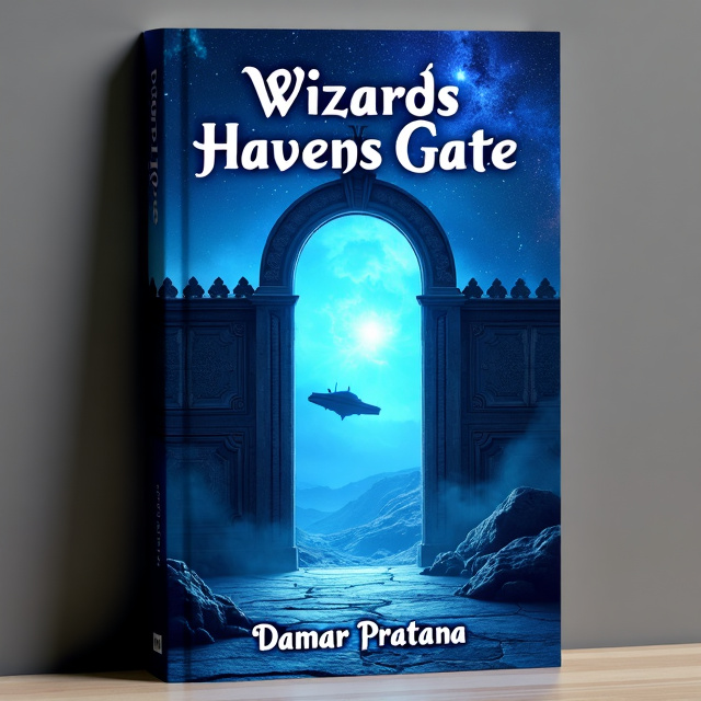 The cover features a majestic blue gate standing tall in the center. To the left, a magical starry sky stretches across the background, while on the right, a spaceship hovers above an otherworldly landscape.