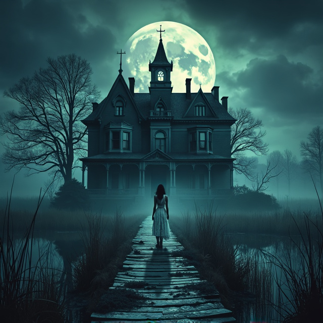 The front cover depicts a dark, haunted mansion in a decaying state, surrounded by a foggy swamp under a cloudy night sky. A large, eerie moon illuminates the scene, casting long shadows on the dilapidated mansion. A lone woman in a tattered white dress stands on a narrow, worn path leading up to the mansion. The atmosphere is ominous and foreboding, with an emphasis on the dark and ghostly elements.