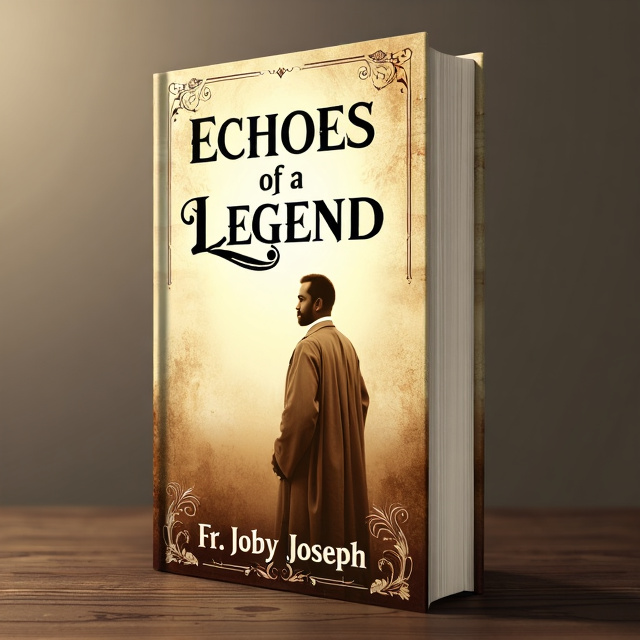 The cover features a faded, sepia-toned image of a historical figure, elegantly dressed, looking off into the distance. The image is overlaid with delicate, swirling patterns reminiscent of olden times. The title, "Echoes of a Legend," is prominently displayed in a bold, antique-inspired font at the top of the cover. At the bottom, the author's name, Fr. Joby Joseph, is written in a more elegant, script-like font.