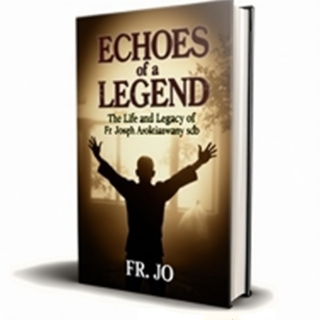 The cover features a vintage photograph of Fr. Joseph Arokiaswamy in the background, faded and slightly blurred to convey a sense of history. In the foreground, there is a silhouette of a man with his arms raised, representing the echoes of Fr. Joseph's legacy. The title is placed at the top in bold lettering, while the author's name is shown at the bottom in a more elegant font.