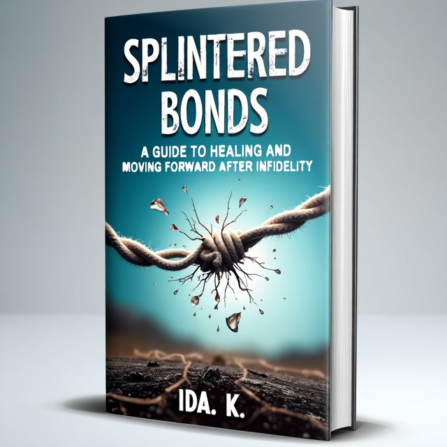 The cover features a close-up image of a broken thread, symbolizing the splintered bonds of infidelity. The thread is unraveling, leading to a chaotic scene of shattered hearts, tears, and a barren landscape that represents the aftermath of betrayal. The image is displayed against a sky blue background, creating a sense of hope and healing amidst the turmoil.