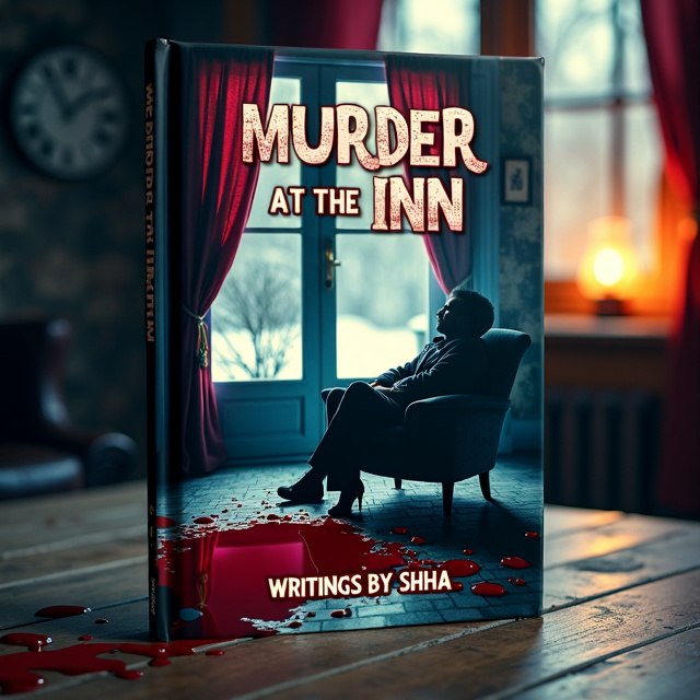 The cover depicts a cozy inn room with a dark and eerie ambiance. A silhouette of a dead body slumped in a chair is positioned at the center, surrounded by a pool of blood on the floor. In the background, a large glass window with blood-stained curtains reveals a snowy blizzard outside. The overall color palette is dark and foreboding, creating a sense of danger and intrigue.