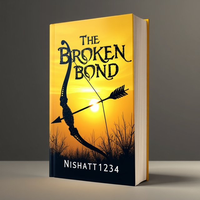 The cover features a striking illustration of a bow and arrow against a backdrop of a setting sun. The bow is broken in half, symbolizing the broken bond and the turmoil within the story. The colors are predominantly yellow, representing hope and light, but with hints of darker shades to convey the sorrow and conflict in the book.