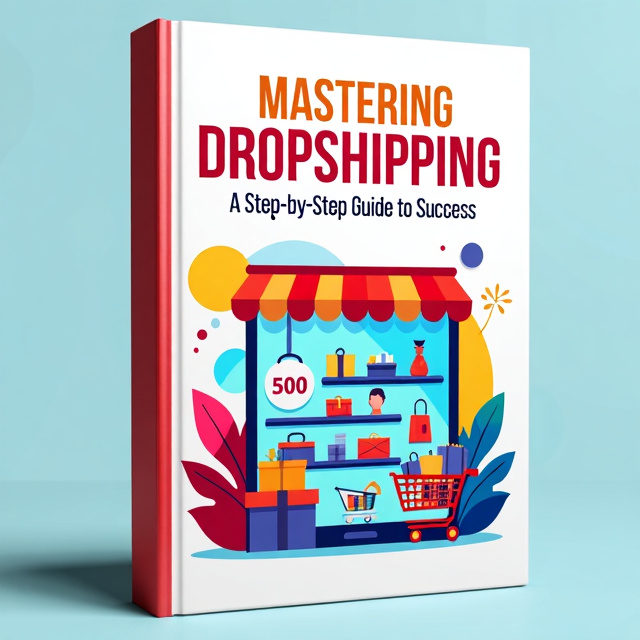 The cover features a vibrant and eye-catching illustration of an e-commerce store, with various products on display and a shopping cart symbolizing online shopping. The illustration is placed in the center of the cover, surrounded by colorful abstract shapes that represent the dynamic nature of the dropshipping industry.