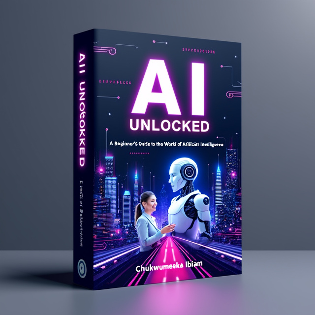 The cover features a futuristic cityscape in vibrant colors, with AI circuitry and algorithms flowing through the design. In the center, there is an image of a happy person interacting with an AI robot, symbolizing the beginner's guide aspect of the book.