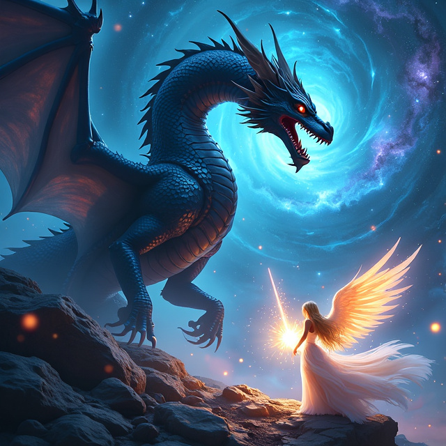 A celestial battlefield with stars and nebulae swirling in the background. In the foreground, a gigantic dragon with scales that reflect the cosmos rises. On one side, a mesmerizing half-female goddess, half-angel with luminescent wings and a divine aura shields a valiant. On the other side, a long-haired blond angel warrior tries to gain her attention.