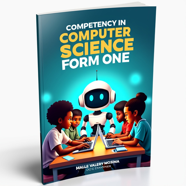 The cover will feature a group of African kids coding using Scratch, with a robot sitting among them and pointing to them what to do. Each child will have a computer in front of them. The scene will be set against a white background.